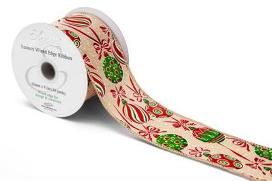 Eleganza Wired Edge Bows & Bauble 63mm x 9.1m No.481 - Christmas Ribbon